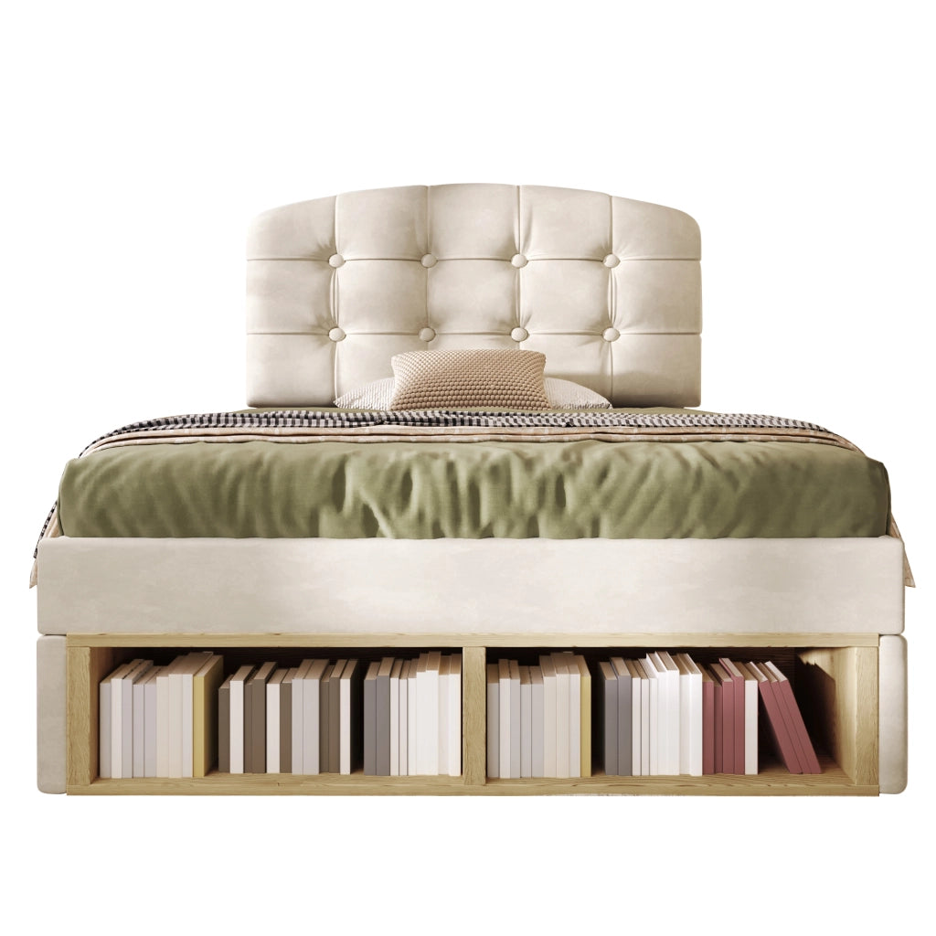 Letto singolo imbottito – 90x200 cm – cassetti contenitore testiera regolabile – velluto beige