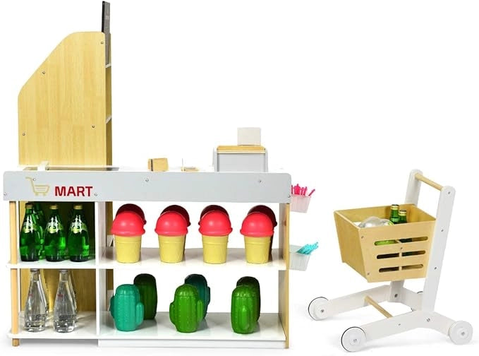 Negozio Giocattolo per Bambini, Bancarella Mercato Giocattolo in Legno, con Carrello della Spesa, Supermercato Giocattolo Scanner, Pos, Carta di Credito e Monete di Legno, 90 x 62 x 111 cm