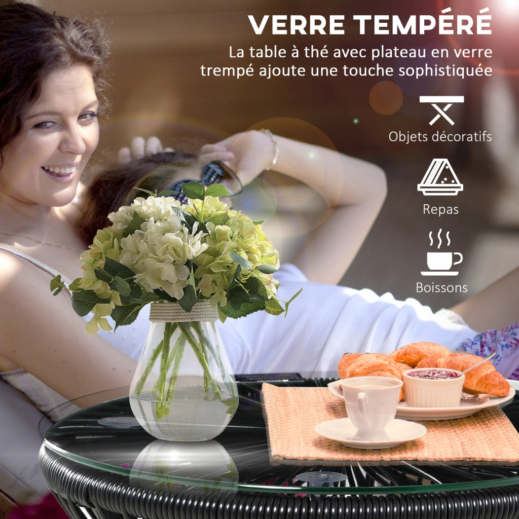 Tavolo da giardino rotondo in polyrattan con piano in vetro temperato ¨C zephmum ¨C nero ? 40x42 cm