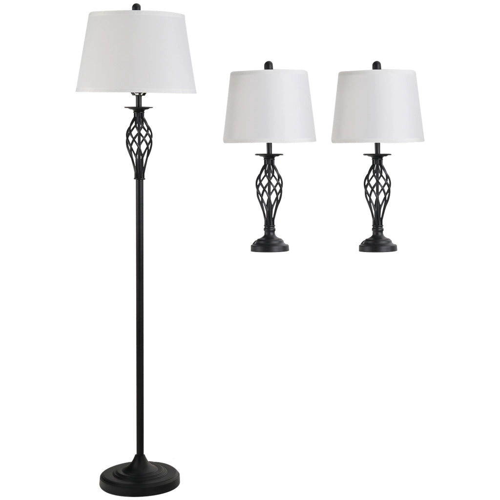 Set lampade vintage 3 pezzi nero in metallo con 2 lampade da tavolo e 1 lampada da terra