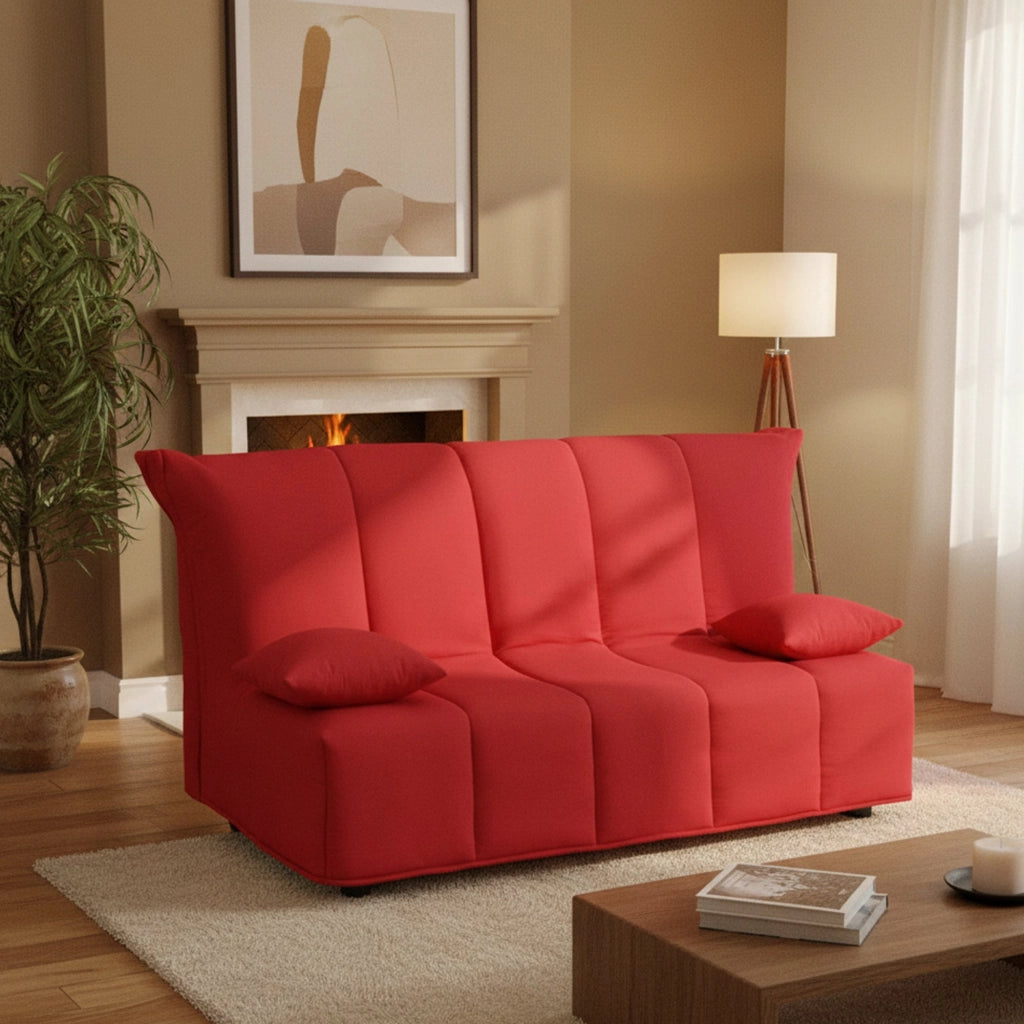 Divano Letto Ariska, Divano a 2 posti, Made in Italy, SofÒ  Soggiorno con apertura a carrello con apertura a carrello, in tessuto imbottito, con cuscini inclusi, cm 125x90h85, colore Rosso