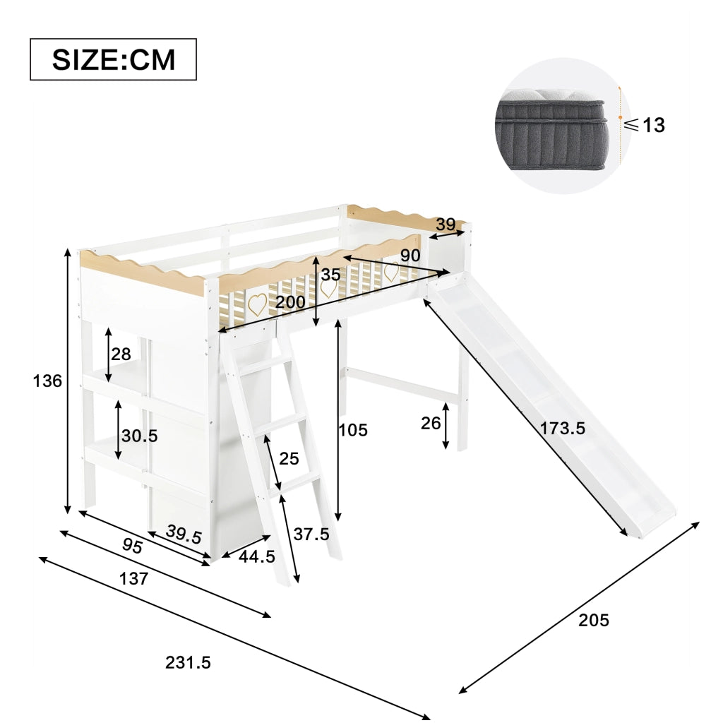 OKWISH Letto a Soppalco 90×200 cm, Letto Singolo con Scivolo, Armadio, Mobile Contenitore e Scala, senza Materasso, Bianco e Naturale