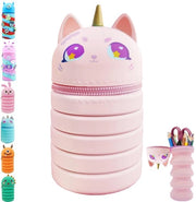 Etui 2 in 1 per bambini con forma di unicorno e penne, contenitore per trucco in silicone, etui telescopico per bambini ragazze ragazzi adolescenti ritorno a scuola regalo (rosa)