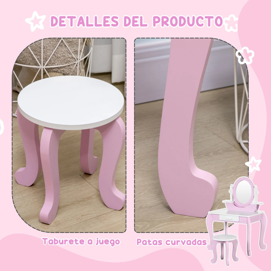 Tocador Bambini con Specchio e Cassetto ¨C zephmum ¨C Rosa 65.5x46x93 cm
