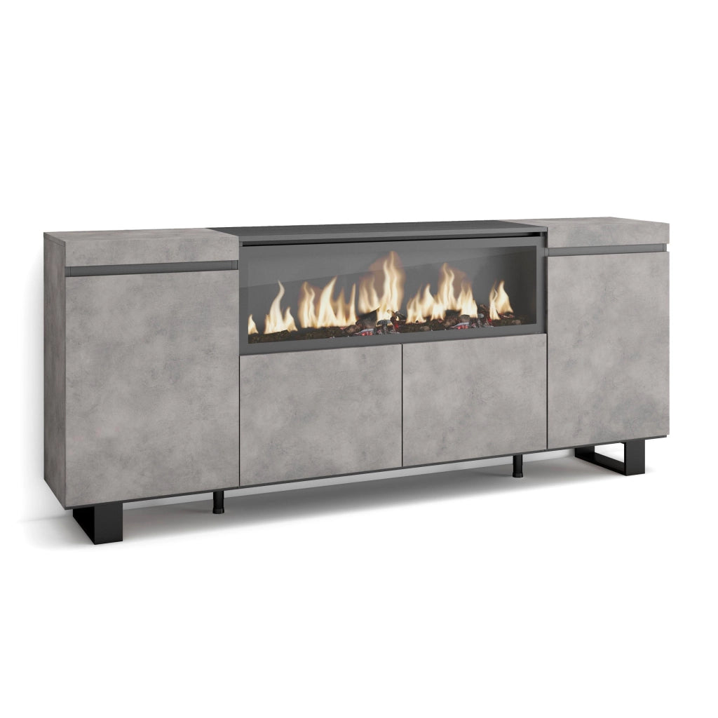 Credenza, Mobile, 208x35x87cm, 4 Porte, Camino elettrico XXL, Design industriale, grigio cemento RF3234
