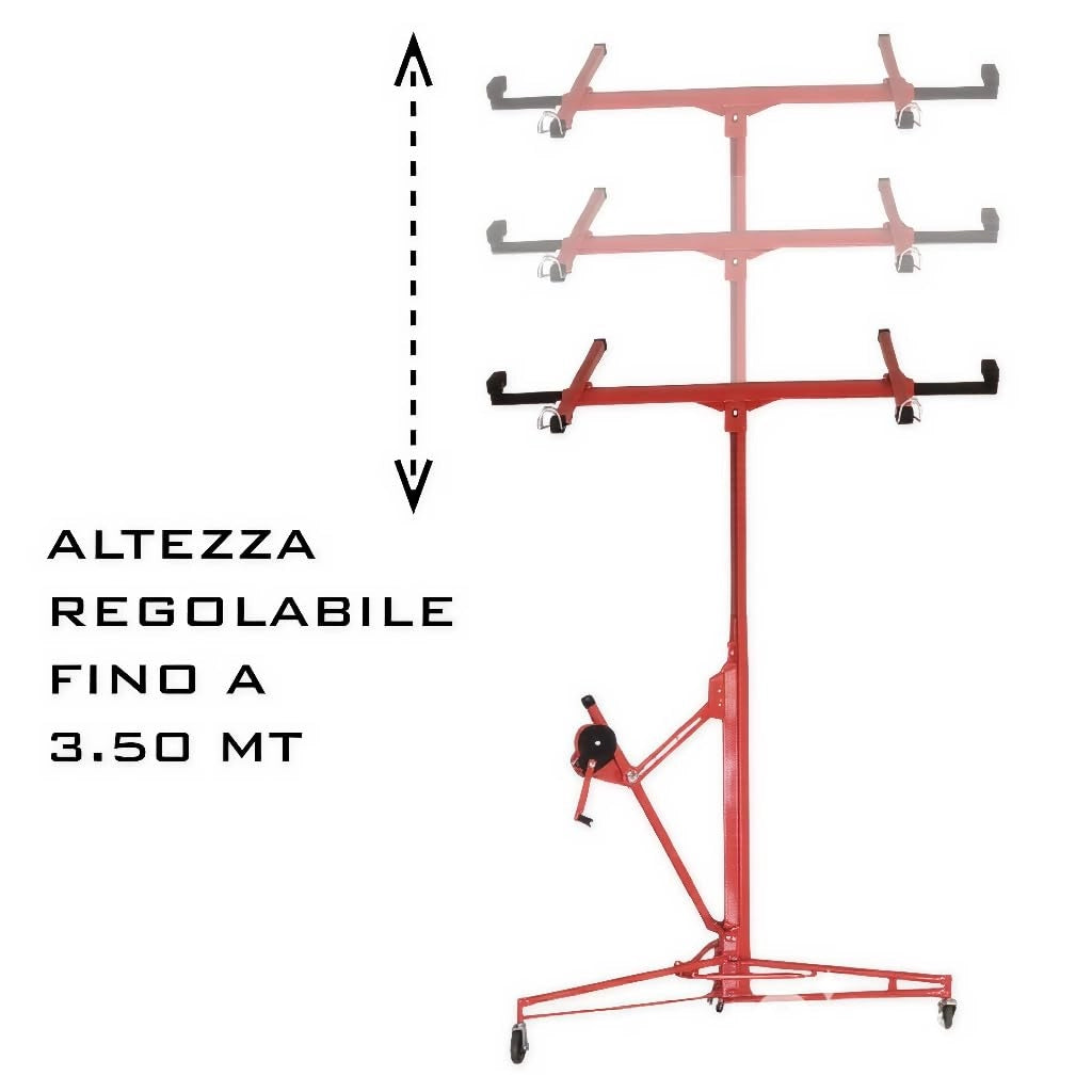 Sollevatore Per Pannelli Professionale Alzalastre Per Cartongesso Con Certificato CE Portata Di 68 Kg Regolabile In Altezza Pieghevole Alzapannelli XXL 140 - 350 cm Rosso
