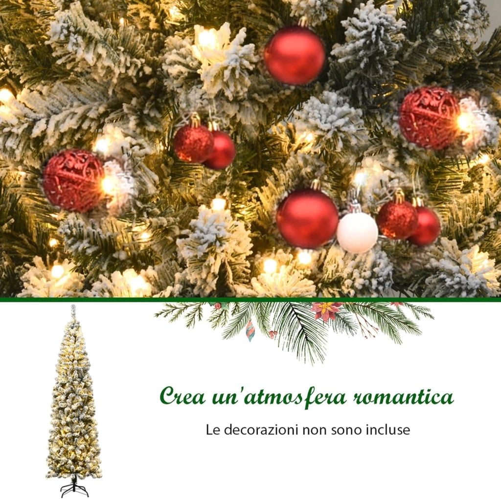 Albero di Natale Slim 135/180/225 cm, Albero di Natale Innevato con 150/250/350 Luci LED, 242/500/641 Rami e Base di Metallo, Decorazione Natalizia per Casa e Negozio (225 CM)