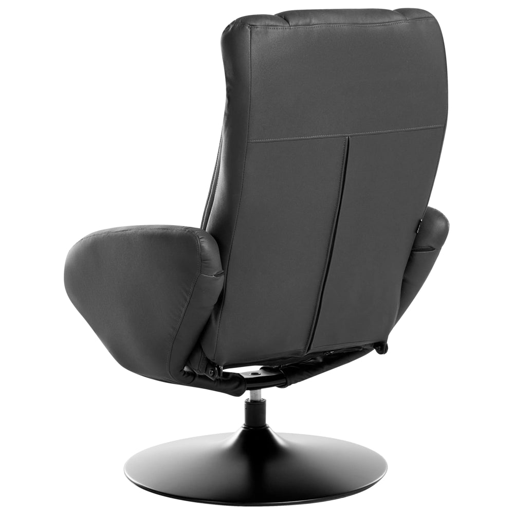 Poltrona reclinabile nera con poggiapiedi in ecopelle vegana girevole imbottita con struttura in metallo dal design retrò