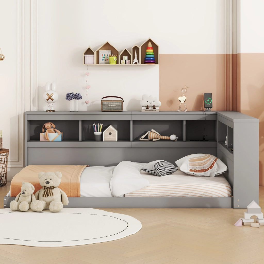 Letto salvaspazio singolo 90×200 cm con presa di corrente; 2 USB; ripiani e rete; senza materasso; grigio