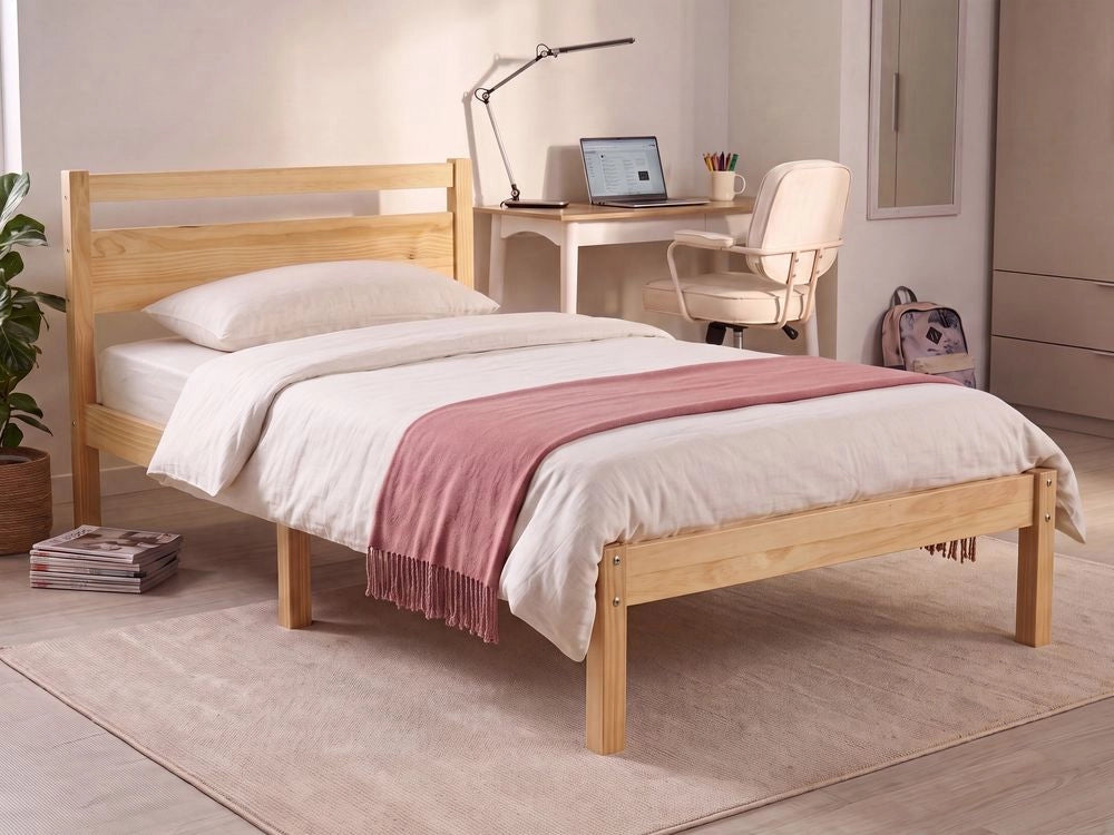 Letto singolo in legno di Pino chiaro con Rete a Doghe 120 x 200 cm Testiera a doghe minimalista