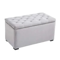 Panca Portaoggetti Set di 3 Pezzi con 2 Sgabelli Pouf in Velluto, Grigio Perla
