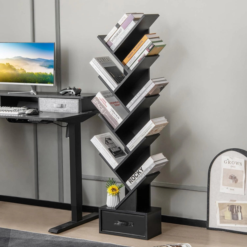 Libreria ad Albero, a 8 Ripiani, Scaffale per Libri con Cassetto Rimovibile, Design di Antiribaltamento, Organizzazione per CD, Riviste, Libri, 38x20x149,5 cm, 4 Colori (Nero)