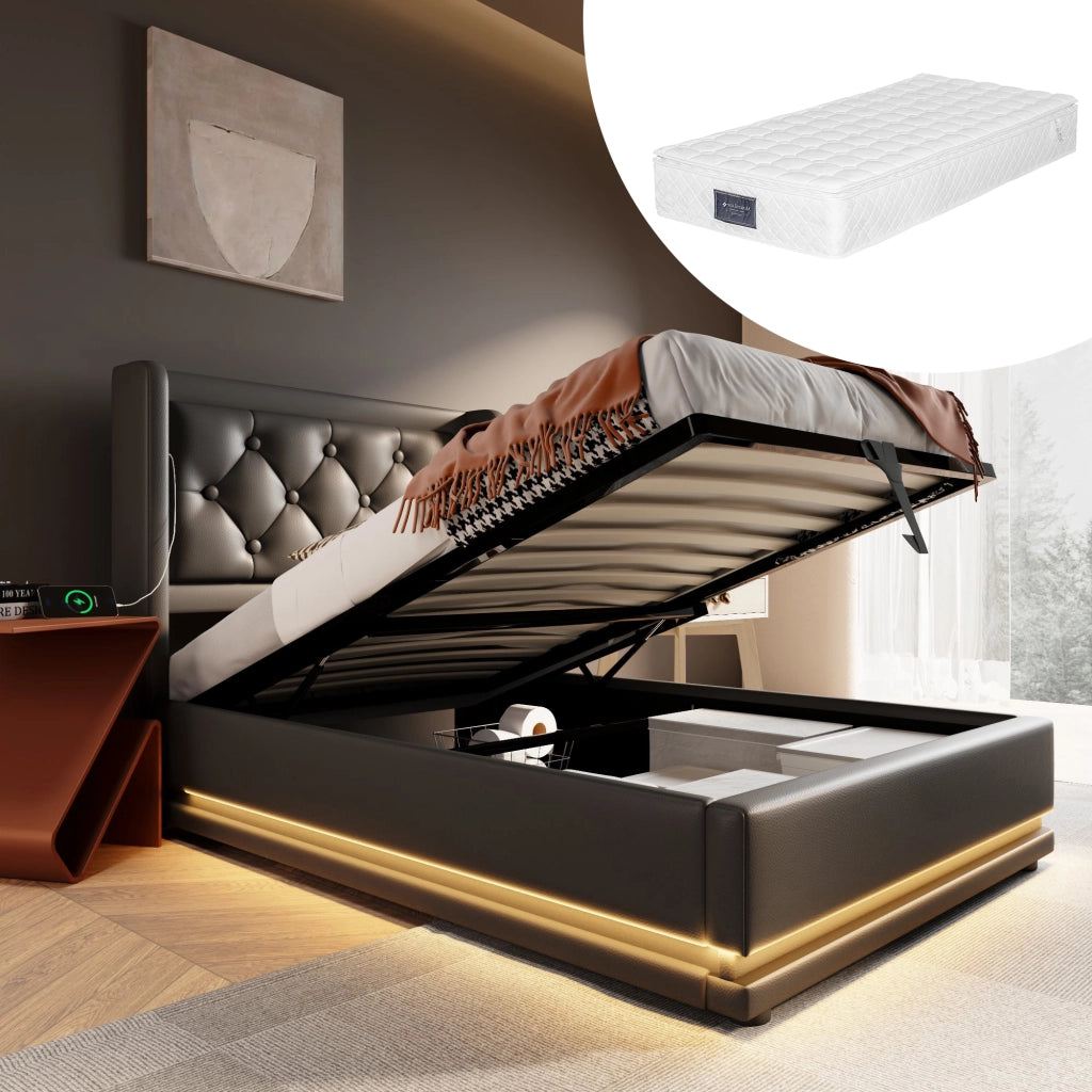 LETTO imbottito 90x200 cm in PU nero con USB Tipo C e LED