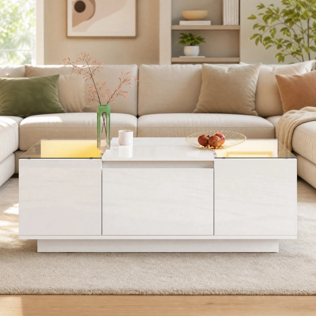 Tavolino da salotto moderno 105 x 50 x 35 cm bianco lucido con LED; ripiani e cassetti