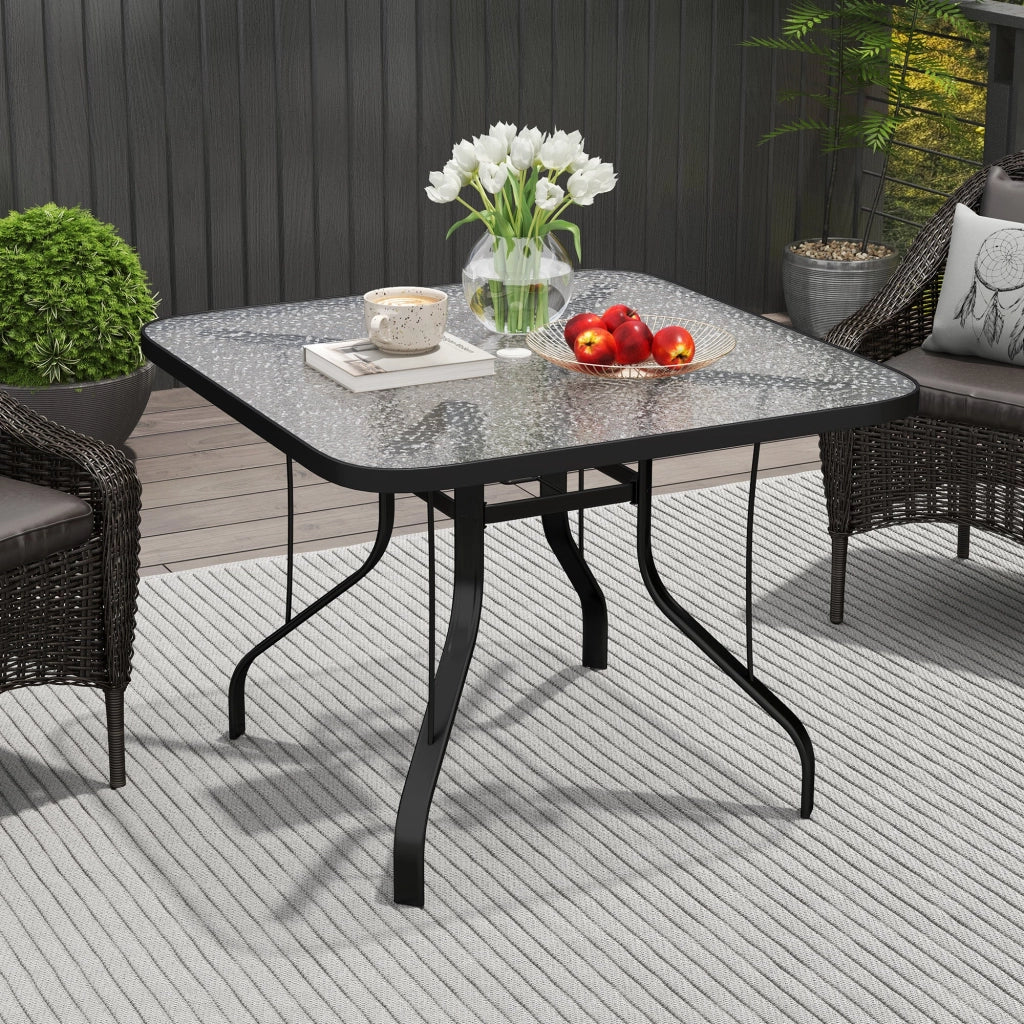 Tavolo da Giardino a 4 Posti 96,5x96,5x70 cm con Piano in Vetro e Foro per Ombrellone Ø54 mm Nero