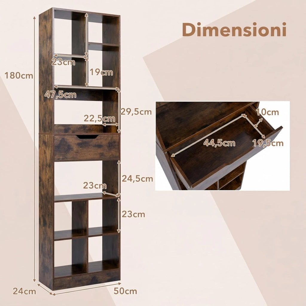 Libreria Verticale con 8 Cubi, 2 Ripiani e 1 Cassetto, Scaffale Libreria con 2 Dispositivi Antiribaltamento, Espositore Multiuso per Libri, Riviste e Dischi in Vinile, 50x24x180 cm