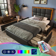 Letto Singolo 1 Posto con LED, 4 Cassetti e Testiera Regolabile 90 × 200 cm, Senza Materasso, Nero