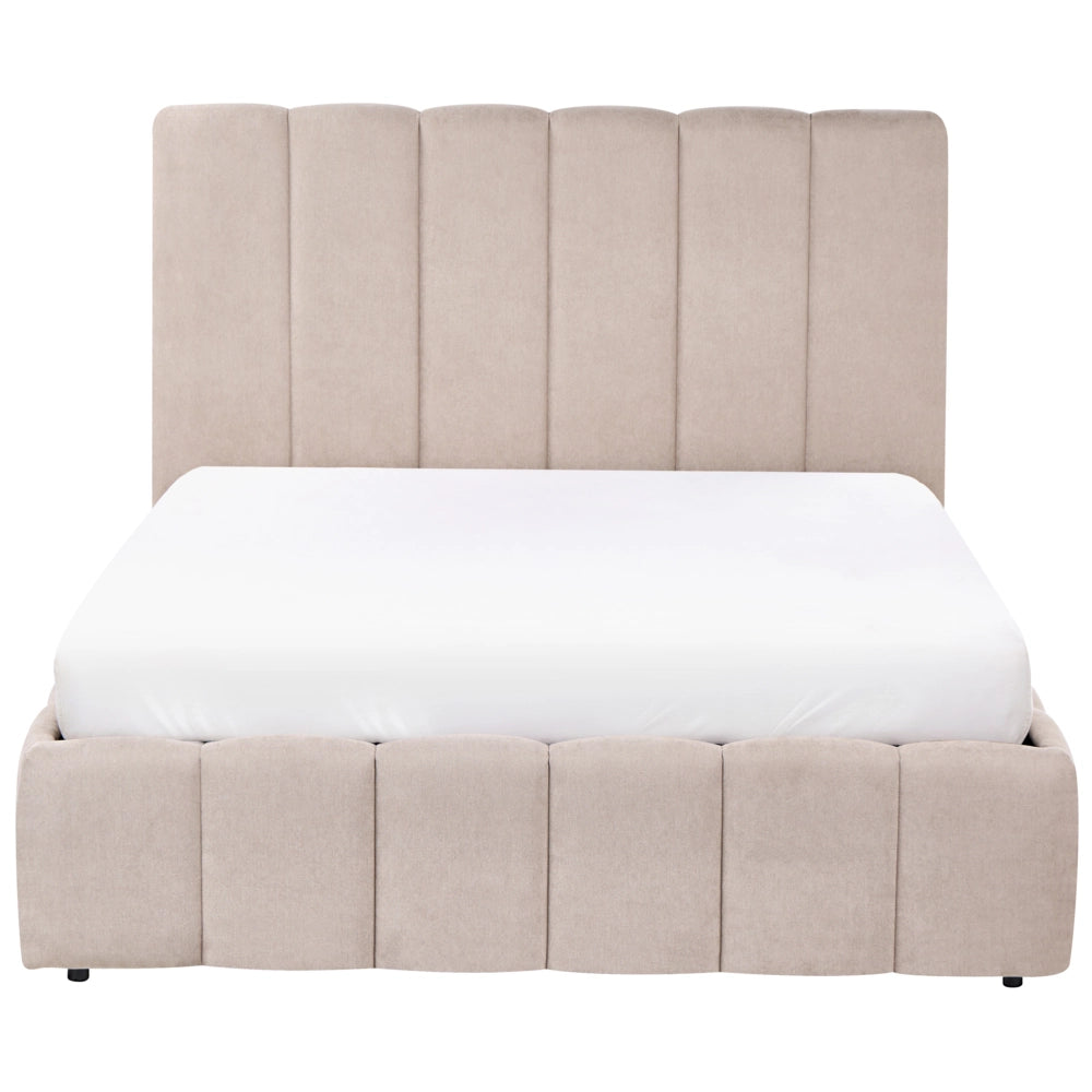 Letto matrimoniale contenitore con trapuntatura verticale in tessuto tortora 140x200 cm struttura sollevabile e testiera alta
