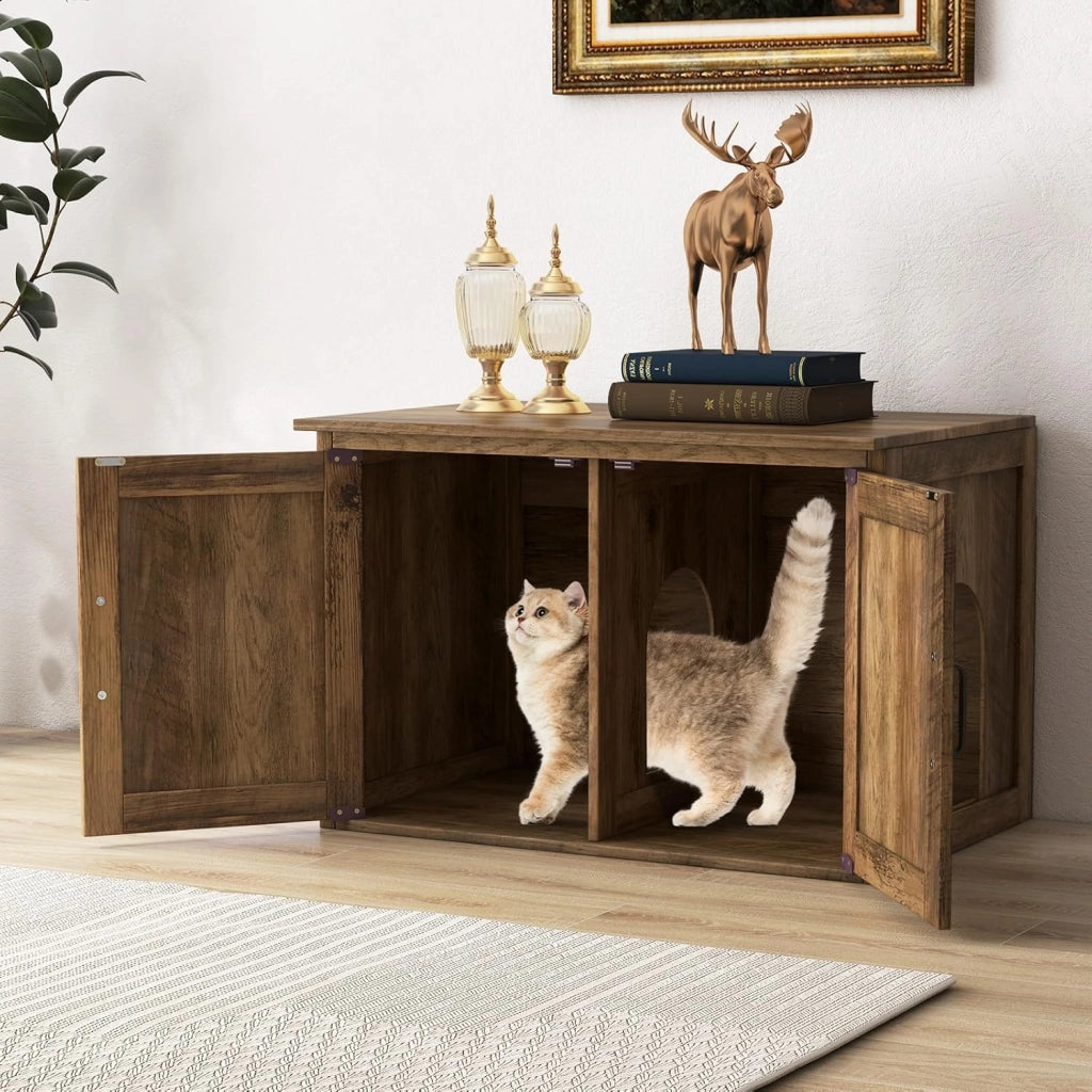 Mobile Lettiera per Gatti in Legno con Piano Ampio e Apribile, Interno Sapzioso e Divisorio Rimovibile, Casetta per Gatti da Interno in Stile Fienile con 2 Ingressi, 80 x 54 x 53,5 cm
