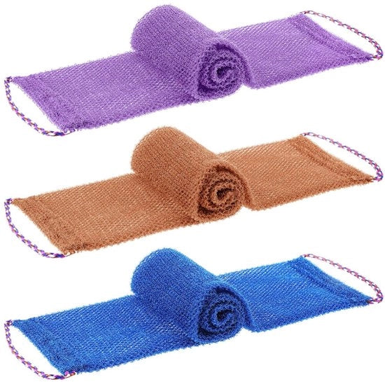 Set di Spugne Esfolianti a 3 pezzi - Doccia a lunga mano - Asciugamano Scrub in Nylon - Accessori per la cura del corpo - 75 x 14 cm - Finitura opaca - Spugna esfoliante