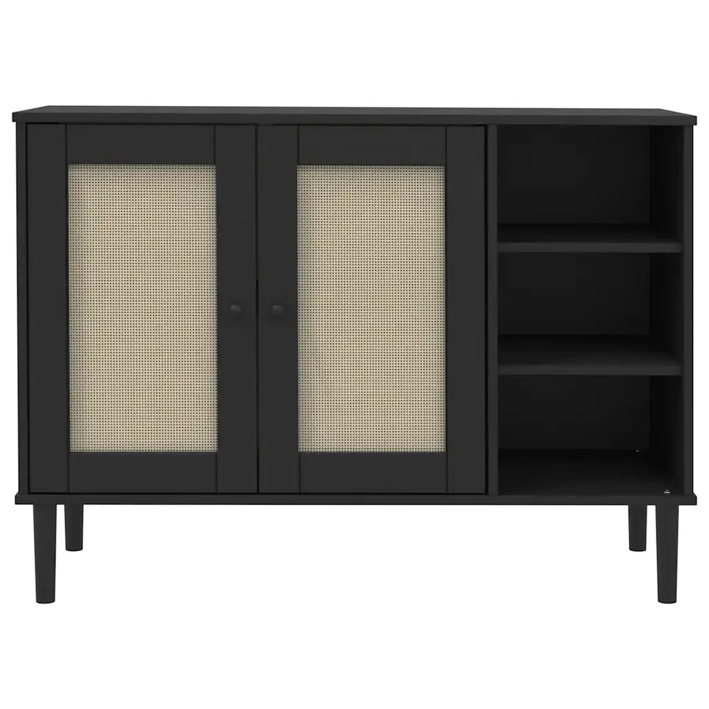 Credenza | Madia | Buffet da pranzo | Armadio da pranzo SENJA Aspetto Rattan Nero 112x40x80 cm Massello Pino
