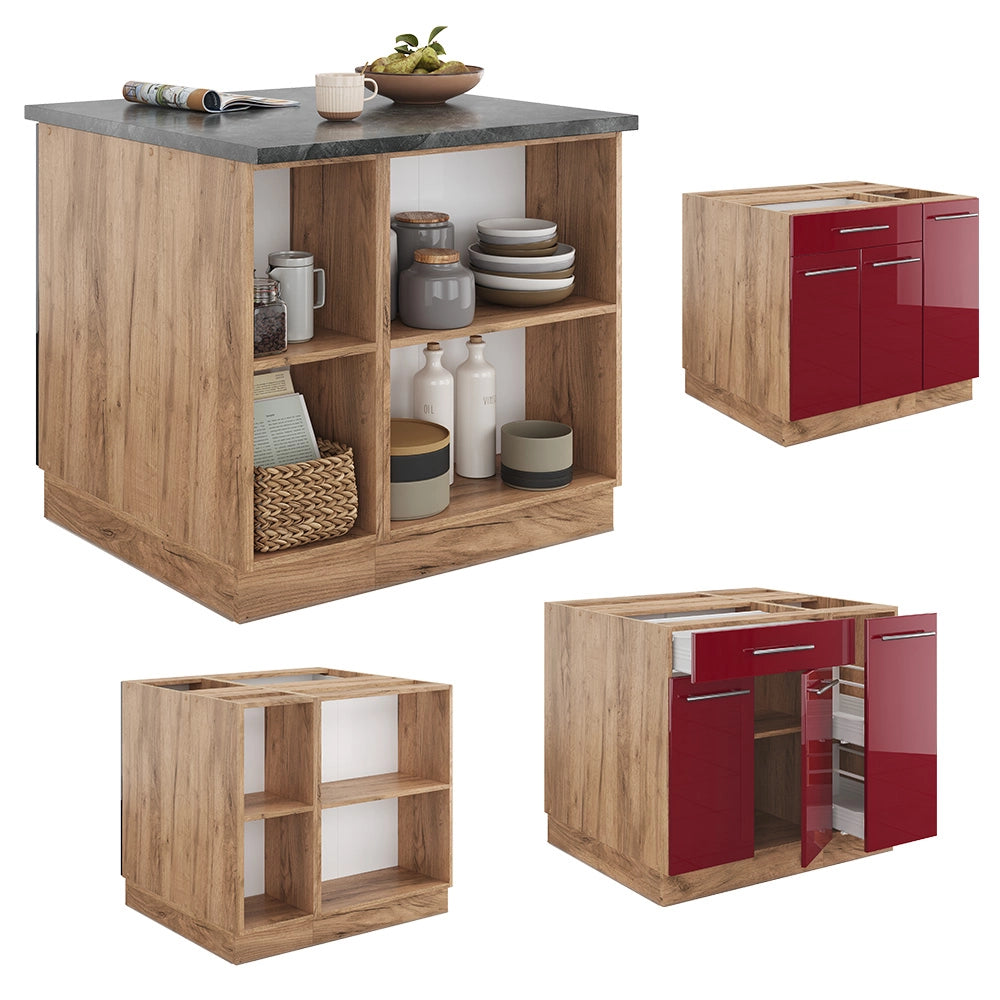 Isola cucina Fame-Line Bordeaux lucido/Rovere dorato 90 cm con cassetto, senza piano di lavoro Vicco