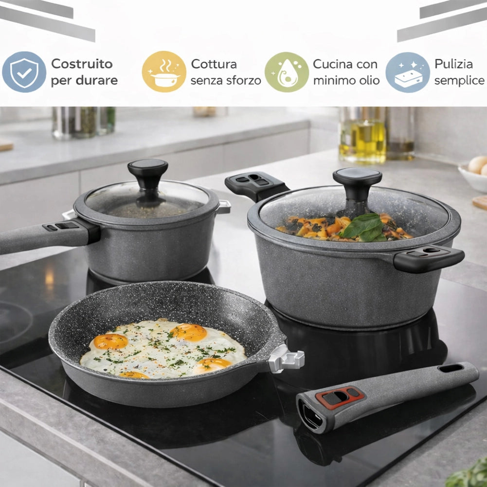 Batteria Pentole Rubino Suprem 24PZ Alluminio Pressofuso Grigio Manici Removibili