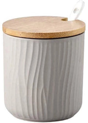 Suikerpot in ceramica 8,5x8cm con coperchio e cucchiaio, potetto per erbe, contenitore di conservazione per cucina, sala da pranzo e caffè (grigio)