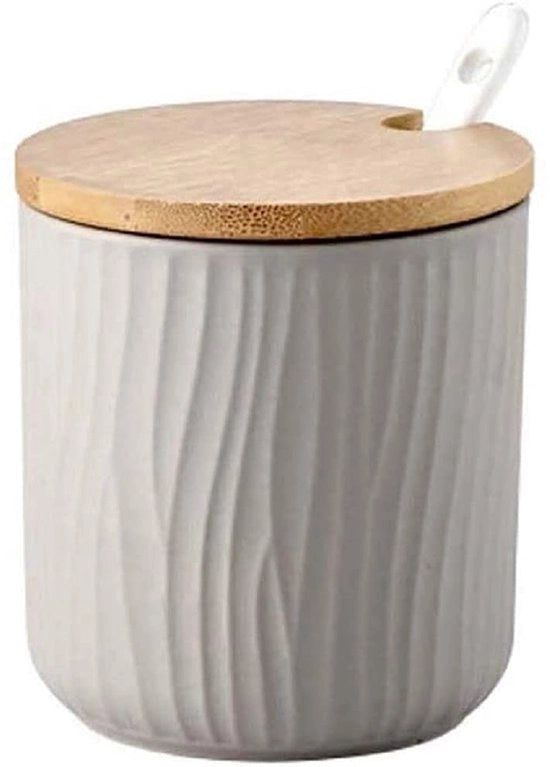 Suikerpot in ceramica 8,5x8cm con coperchio e cucchiaio, potetto per erbe, contenitore di conservazione per cucina, sala da pranzo e caffè (grigio)