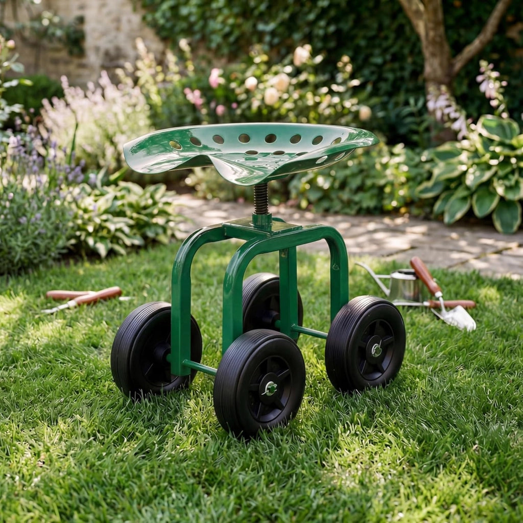 Sgabello con Ruote per Giardinaggio, Sedile con Ruote Regolabile in Altezza e Portatile, Seggiolino da Giardino, Prato e Cortile, Portata 150kg (Verde)