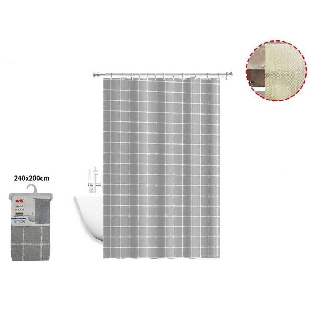 Trade Shop - Tenda Doccia Impermeabile Tessuto Pvc 12 Ganci Plastica Quadri 240 X 200cm 52748 -