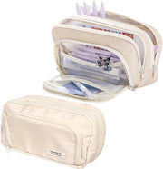 Borsa per Matite da 3 Livelli - Organizzatore di Scuola per Ragazzi e Ragazze - Dimensioni 21x13x7cm - Beige - Moda