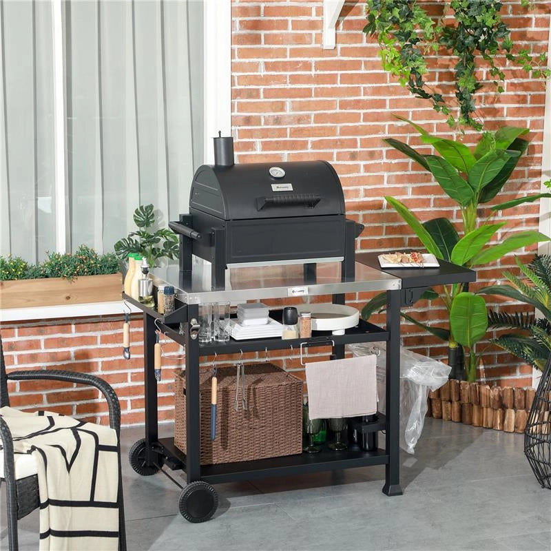 CARRELLO BARBECUE CON TAVOLINO PIEGHEVOLE IN ACCIAIO INOX 2 RUOTE E ACCESSORI 125X65X84 CM NERO