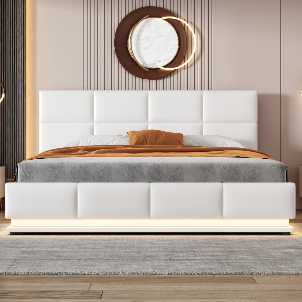Letto imbottito 160x200 cm con LED; contenitore; struttura in metallo; bianco