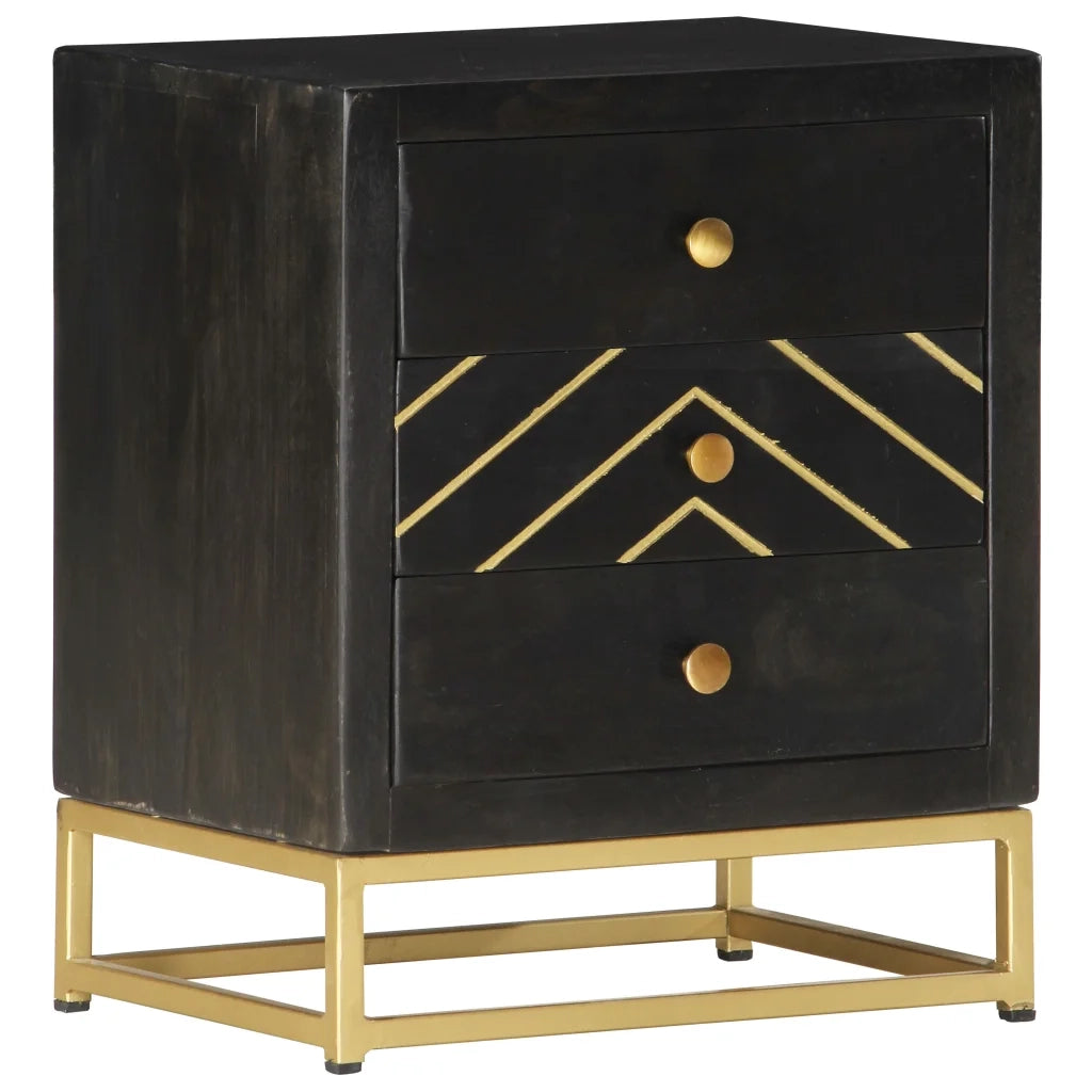 Comodino-Tavolino da notte Nero e Oro 40x30x50 cm in Legno Massello di Mango