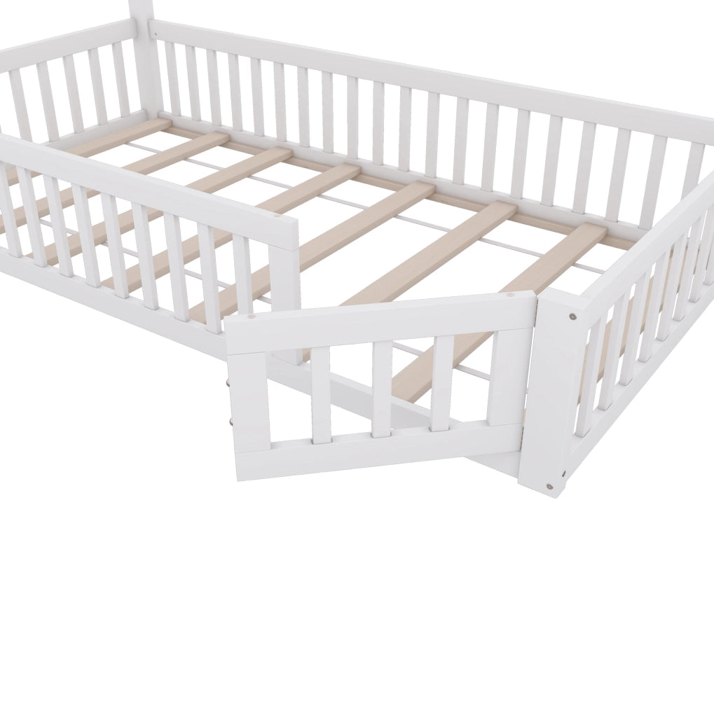 Letto a casetta 90x200 cm con design camino; legno e MDF; bianco (Senza materasso)