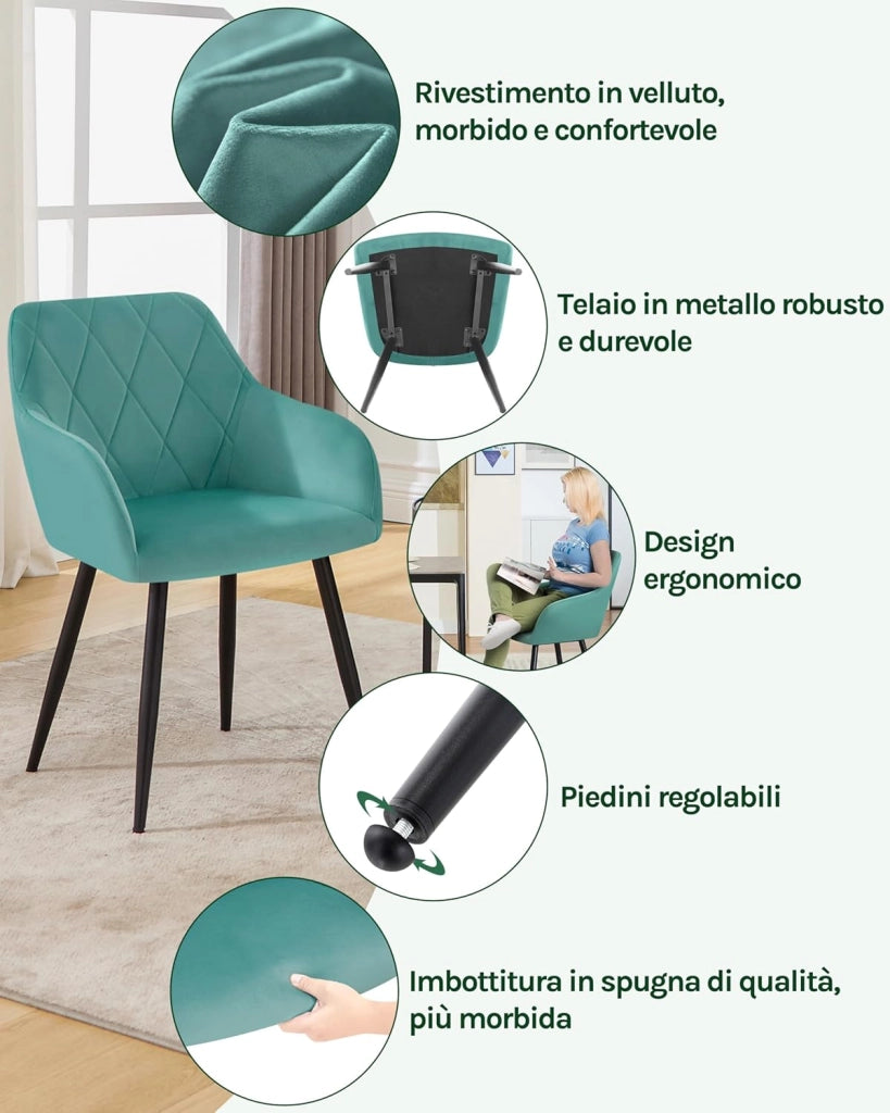 Set di 4 Sedie per Sala da Pranzo Imbottita, Poltroncina in Velluto,Sedia da Cucina con Braccioli e Schienale, Gambe in Metallo, Azzurro, BH352ts-4