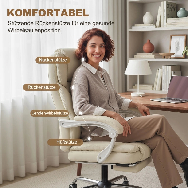 Sedia da ufficio reclinabile con poggiapiedi girevole 360° in pelle sintetica beige 64 × 73 × 112-120 cm
