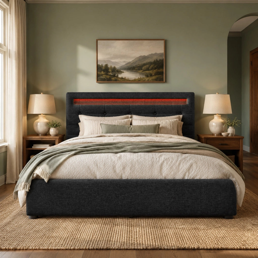 Letto matrimoniale 140x200 cm con LED, 4 cassetti, testiera regolabile e rete a doghe in legno, nero