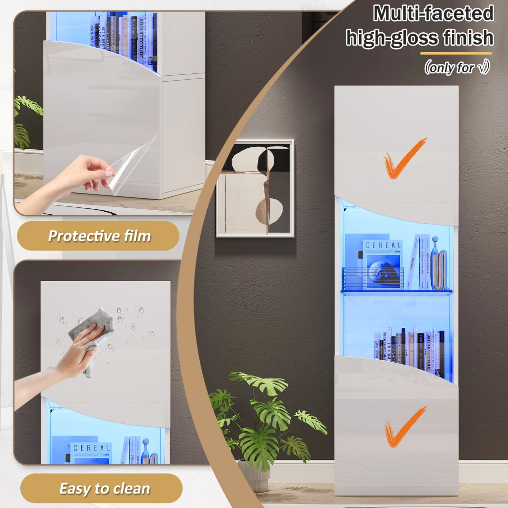 Vetrina con LED e 4 ripiani per soggiorno in truciolare e vetro temperato bianco 35 × 50 × 165 cm