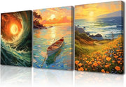 Soleggiata Scena Paesaggistica Marittima Dipinto su Tela da Appendere - Decorazione per Casa e Ufficio - 3 Pezzi 30 x 40 cm