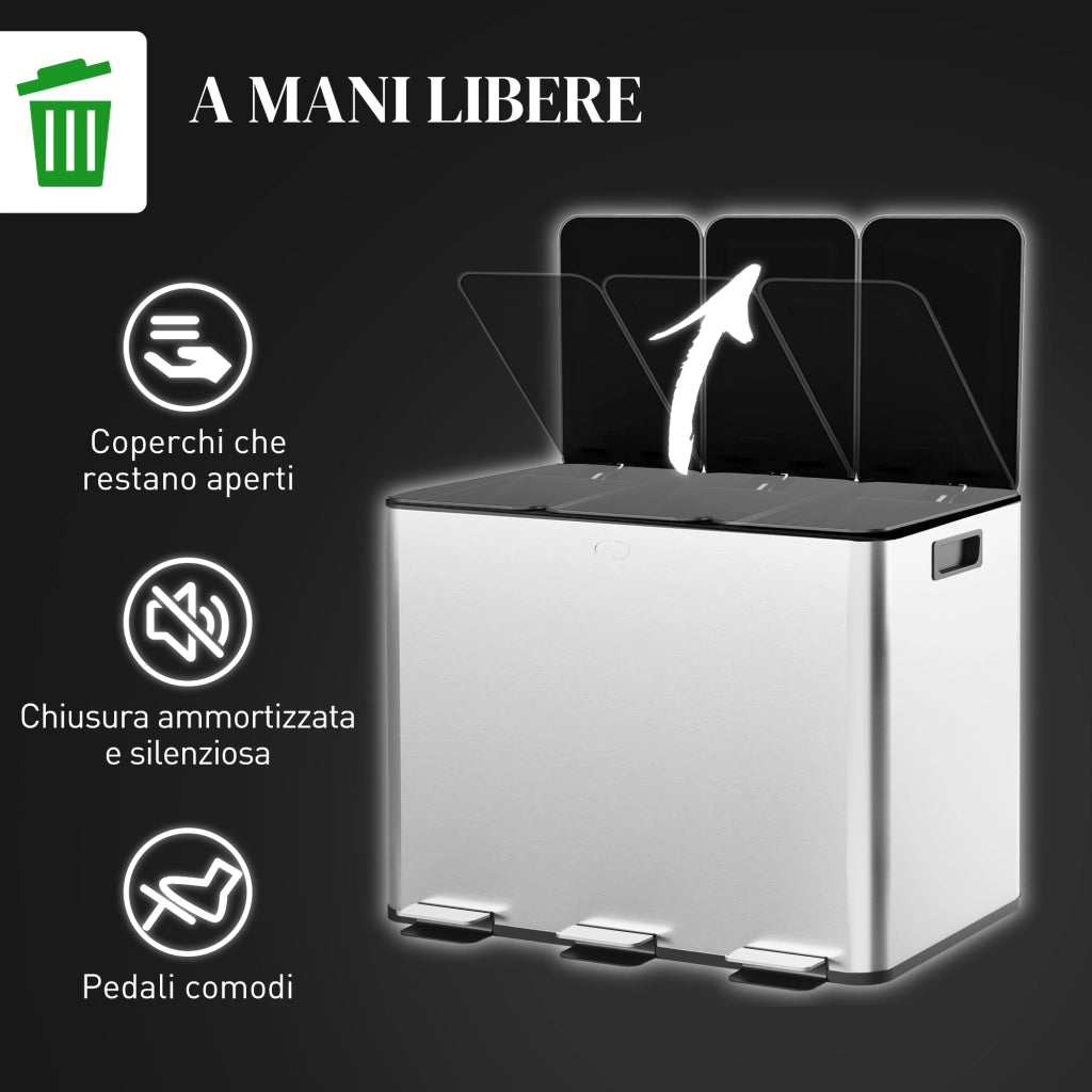 Pattumiera Differenziata30L con 3 Scomparti a Chiusura Silenziosa, in Acciaio Inox e PP, 49.6x34.5x38.6 cm, Argento