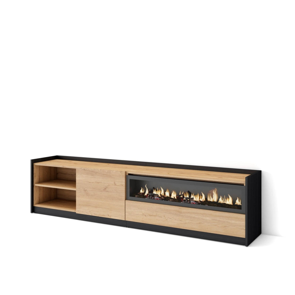 Mobile TV Soggiorno, 207x50x37 cm, Per TV fino a 80", Camino elettrico, Rovere e nero