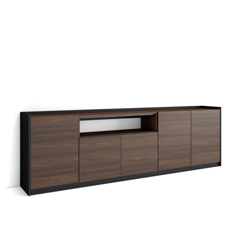 Credenza, Mobile, Cucina, 260x80x37 cm, 5 Porte, grande stoccaggio, Rovere scuro e Nero