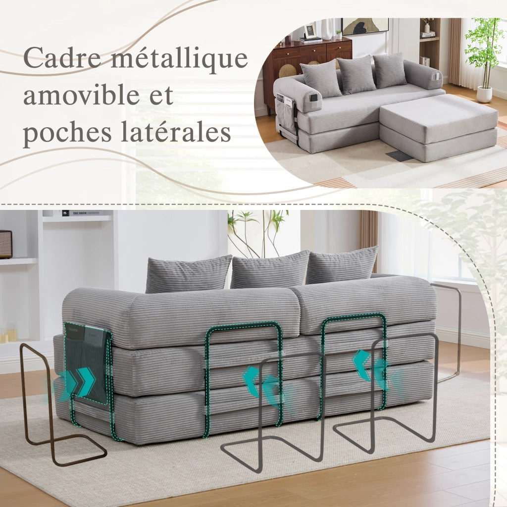 Divano modulare 3 posti - con tasca laterale e 3 cuscini - in corduroy - grigio chiaro