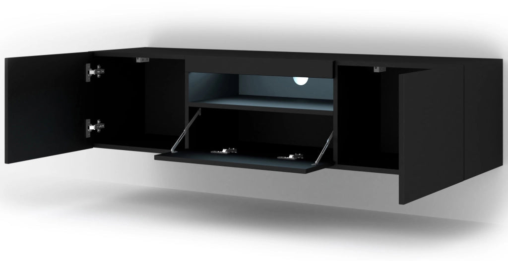 MOBILE TV PIANO TV SOSPESO O A TERRA NERO OPACO CON LED 150x37x42cm AURA
