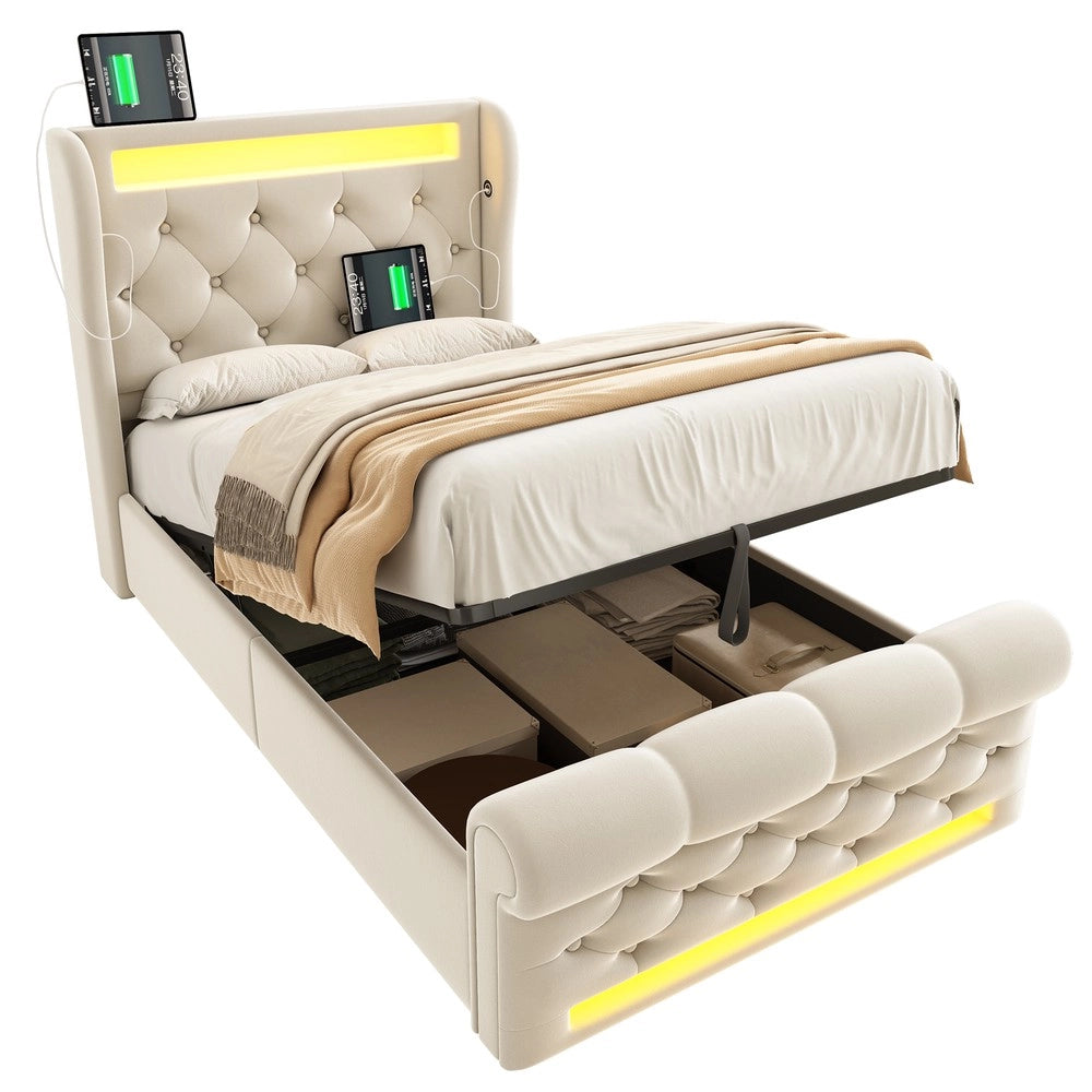Letto Singolo Imbottito Contenitore con LED ¨C MINIMAL ¨C Velluto Beige, Idraulico, 90x200