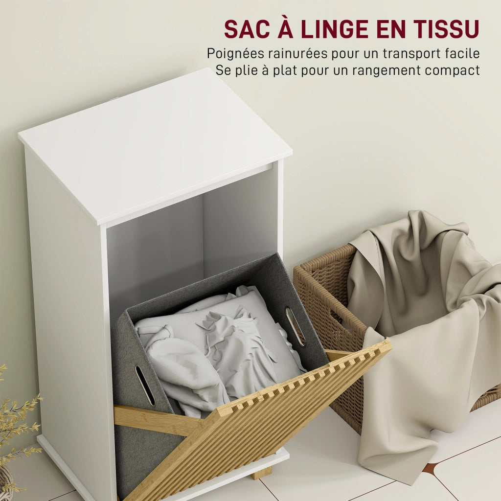 Mobile bagno con cestello lavanderia, ante a doghe bamb¨´ e sacco estraibile ¨C zephmum ¨C bianco effetto legno