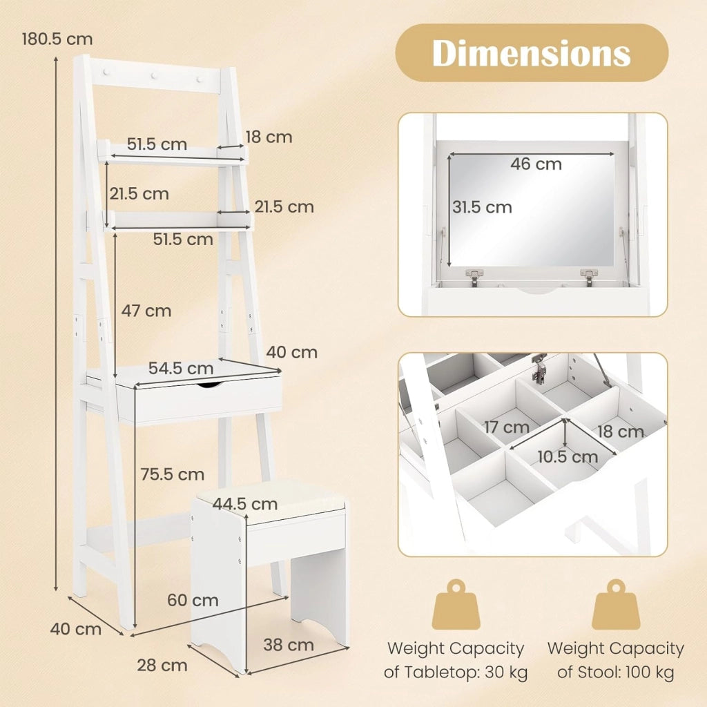 Tavolo da Toeletta con Sgabello con 3 Ganci, Scaffale da Stocaggio per Cosmetici, Set Mobile Camerette con Specchio Apribile, 60x40x180 cm