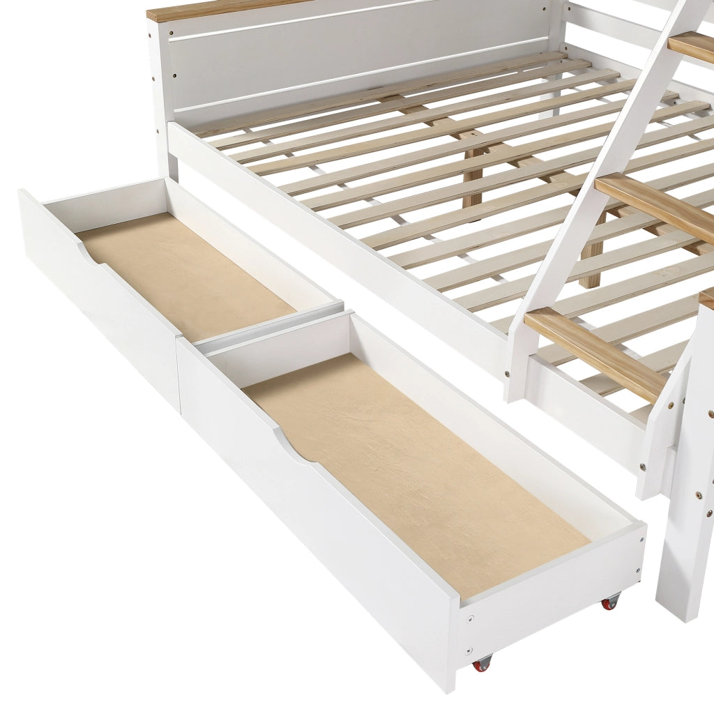 DESMIU Letto a castello bambino 3 posti 90 × 200 cm e 140 × 200 cm con ripiani e 2 cassetti, senza materasso, bianco e naturale
